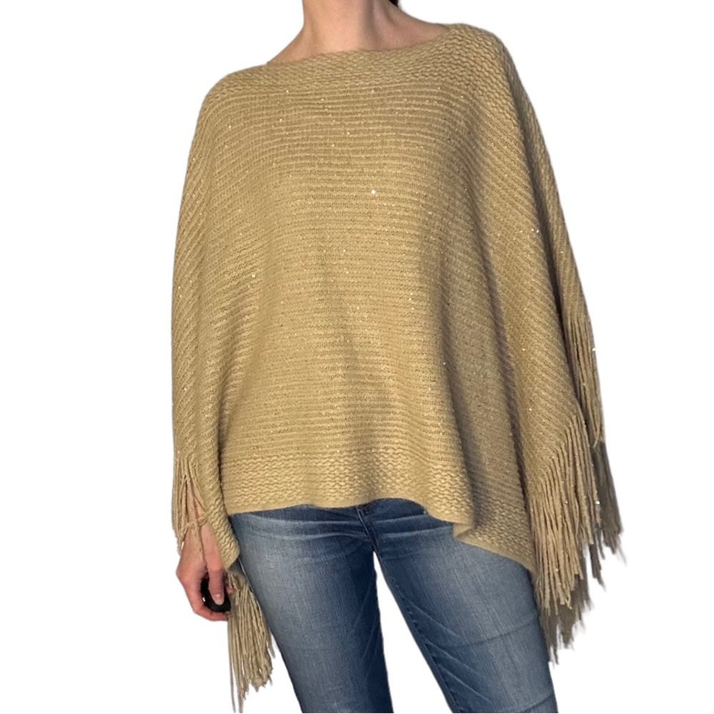 Vintage beige shawl poncho sequin fringe tan boho